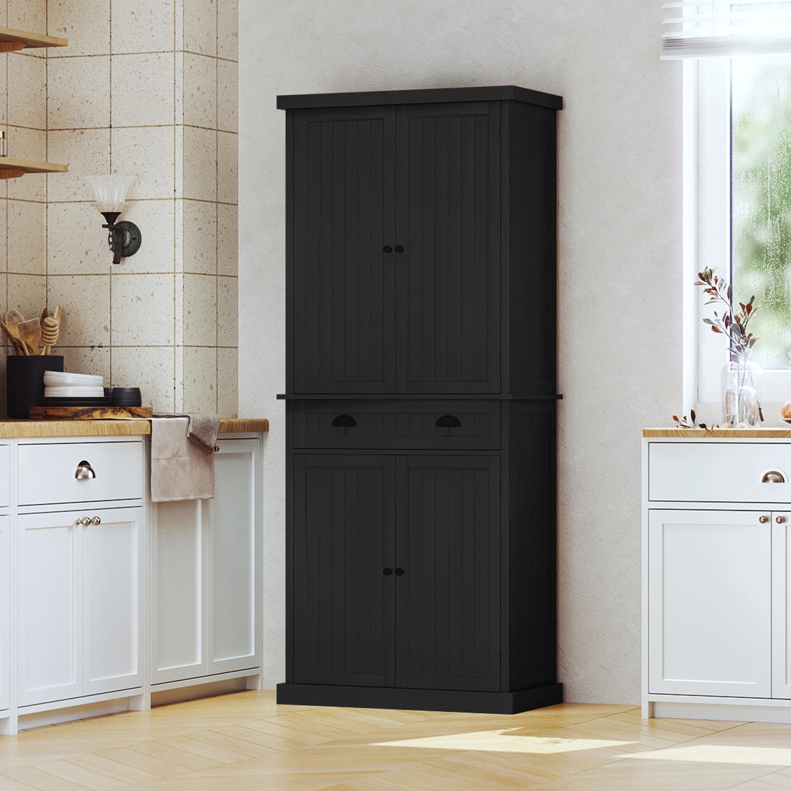 HLR 72" Utility Pantry Storage Cabinet, Tall Cupboard with Door Shelves and Drawer for Kitchen, Black