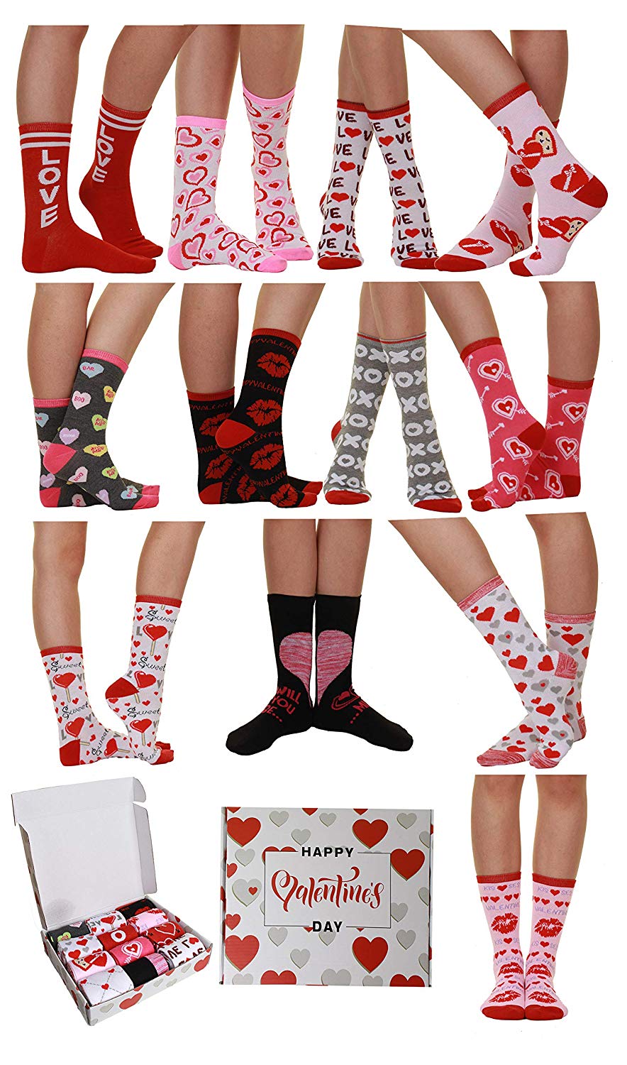 Valentine's Day Soft Crew Socks XOXO Kiss Hug Love Prints, Women's Size