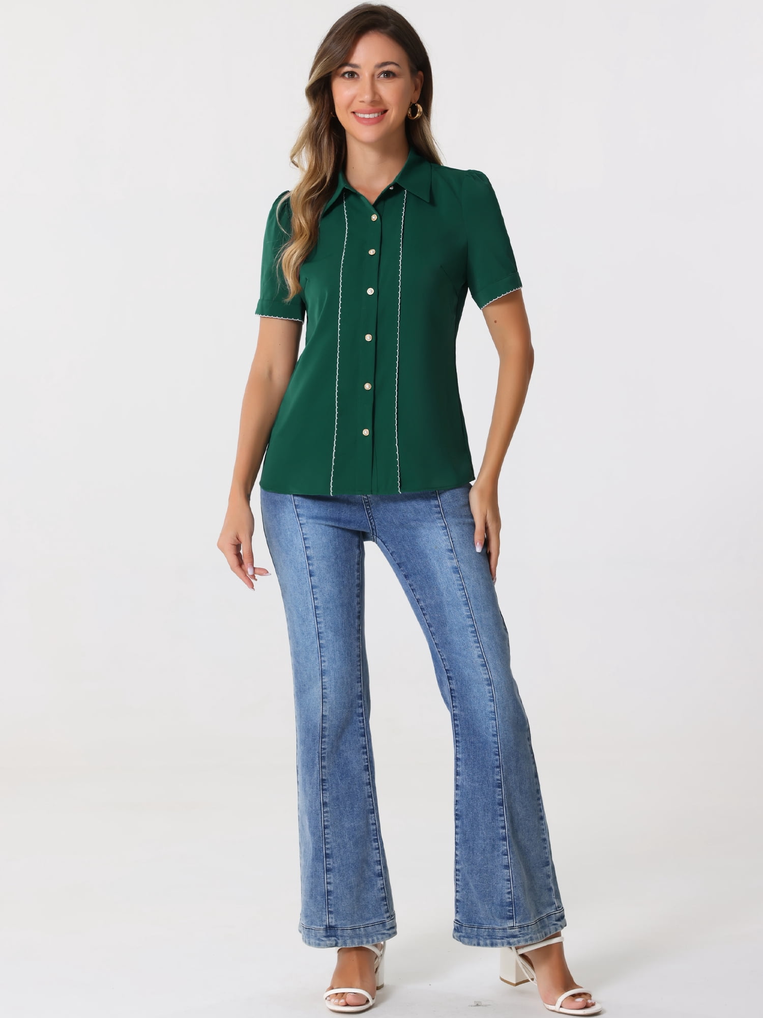 DARING DIVA Women's Button Down Collared Contrast Trim Puff Sleeve Blouse L Dark Green