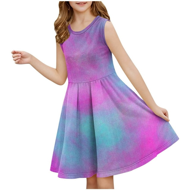 WRKEKC Robe d'Été pour Filles, Robe Décontractée pour Filles, Robe Sans Manches Extensible pour Filles, Robe de Récital d'École Patineuse à Manches Courtes Col Rond 13 Ans