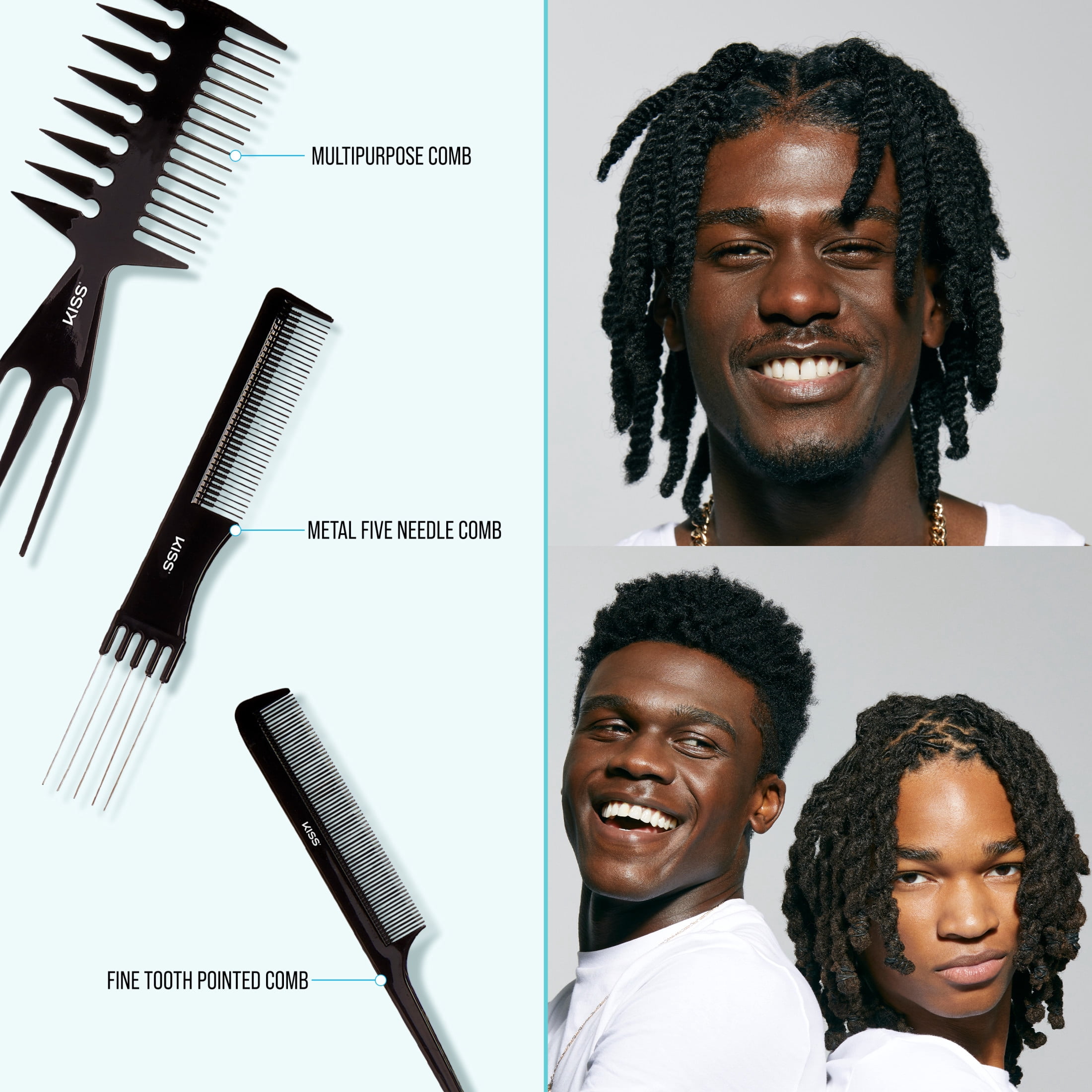 (2 pack) KISS Carbon Fiber Professional Rat Tail Hair Comb, Black, 1 Count