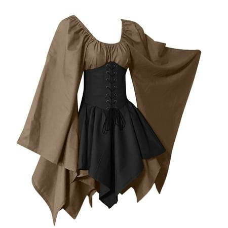 

Pxiakgy For Womens Trumpet Sleeve Irish Shirt Dress With Corset Traditional Dress Women Gothic Retro Long Sleeve Corset Dress Brown + S