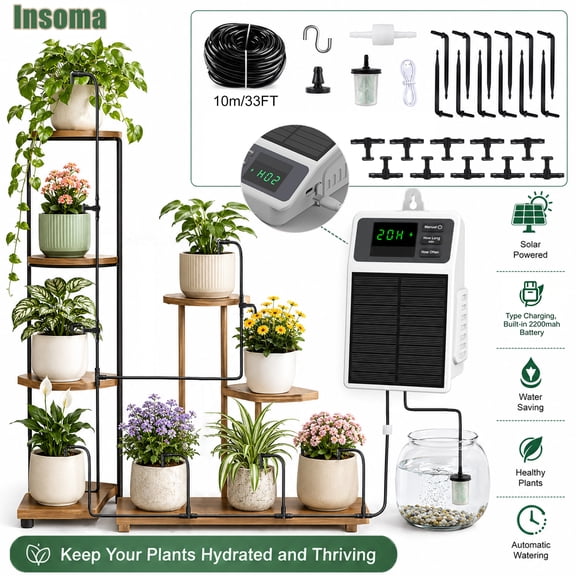 Solar-Powered Automatic Drip Irrigation System, 2200mAh Battery with Type-C Charging, DIY Garden Watering Kit with 10m Tubing, 10 Drippers, for Balcony, Yard, Indoor & Outdoor Plants