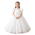thumbnail image 2 of LEKWK Girls Bow Princess Dress Sequin Puff Short Sleeve Tulle Tiered Pageant Gown Ruffle Cute Dress for Flower Girl Wedding Birthday Party 3-14Y, 2 of 8