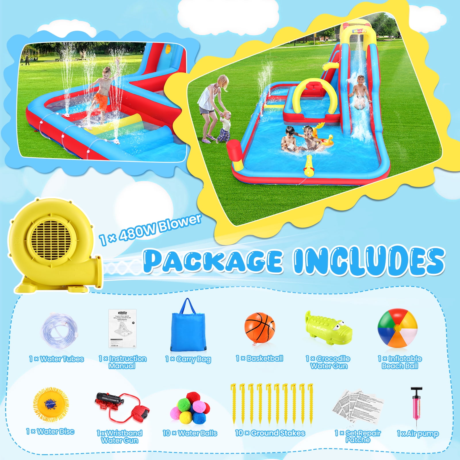 Inflatable Water Slide with 480W Blower, Bounce House for Big Kids, 15-in-1 Blow up Jumping Castle with Dual Pools, Obstacle Course, Water Cannon, Indoor & Outdoor