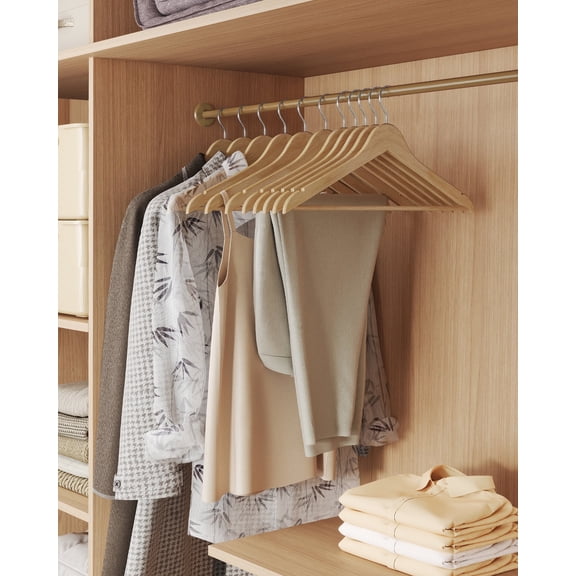 20-Pack Solid Birch Wood Hangers with 360° Swivel Hooks & Pants Bar, Space-Saving Closet Organizers, Natural Beige