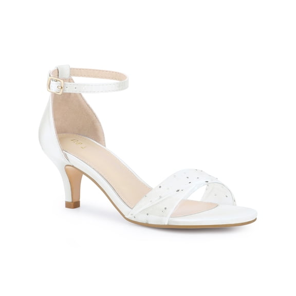 BLISSFUL STEP Women's Shoes Open Toe Ankle Strap Rhinestone Mesh Kitten Heel Sandals White 8
