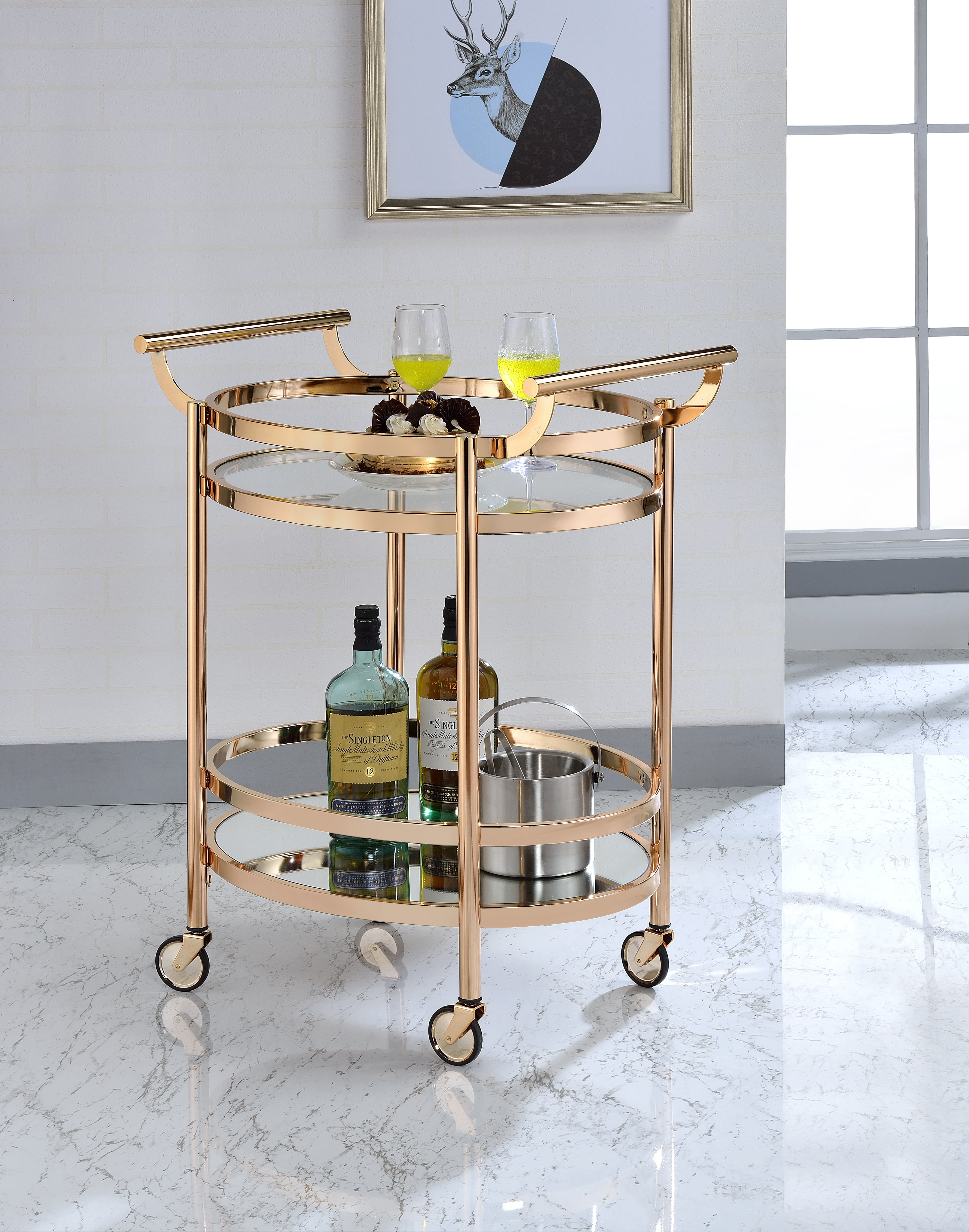 Clear Glass & Rose Gold Finish Serving Cart
