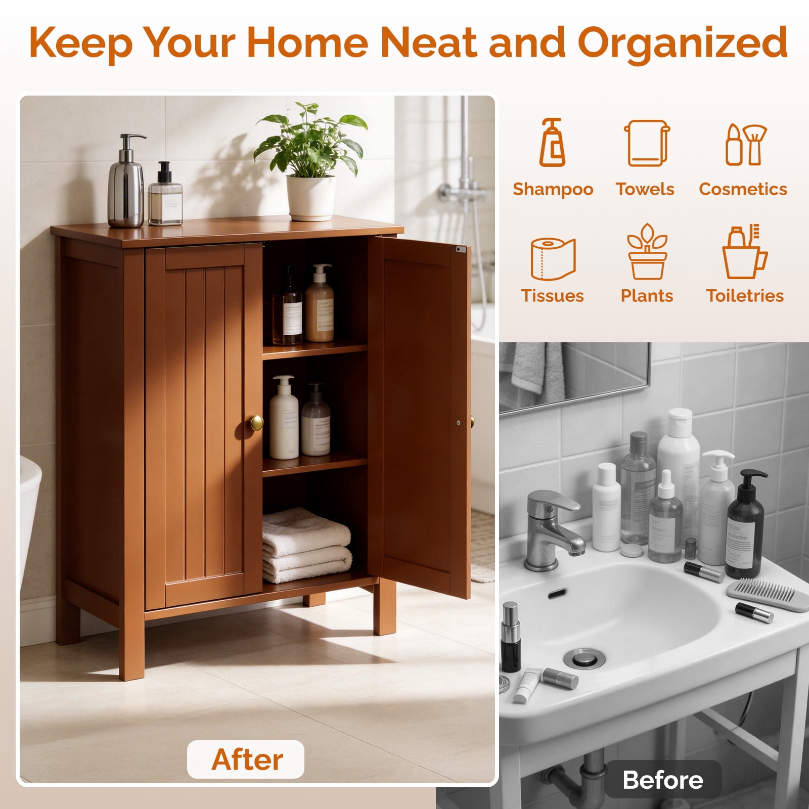 Ktaxon Bathroom Floor Cabinet Storage with 2 Doors and Adjustable Shelves, Brown
