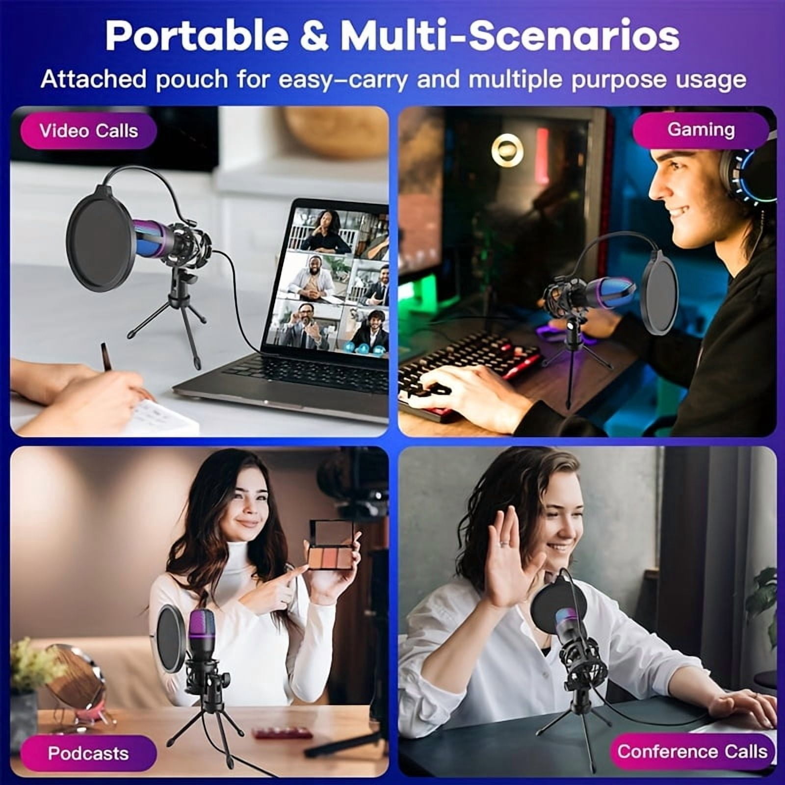 USB Condenser Microphone with Noise-Canceling, Portable Studio Recording & Streaming Mic for Gaming, Calls, Music, Compatible with PC, Laptop, Mobile Devices
