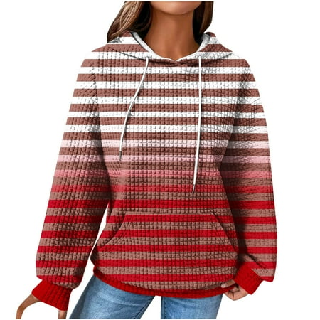 mihongmao Corset Tops for Women Women S 2024 Winter Hooded Sweatshirt Loose Casual Striped Print Round Neck Hooded Long Sleeve Sweatshirt Womens Tops Clearance under $5 Red L