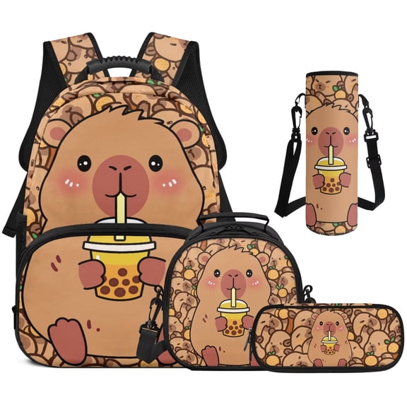 Bulopur Cute Kids 17 Inch Backpack Set, 4 Piece Capybara Print School Bookbag with Lunch Box, Water Bottle Holder and Pencil Case for Elementary