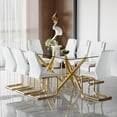 thumbnail image 2 of Table and chair set.Modern Luxurious Transparent Tempered Glass Dining Table Set with 8 Chairs.Double Forked Golden Metal Table Legs.White high-quality PU dining chairs with golden metal legs., 2 of 9