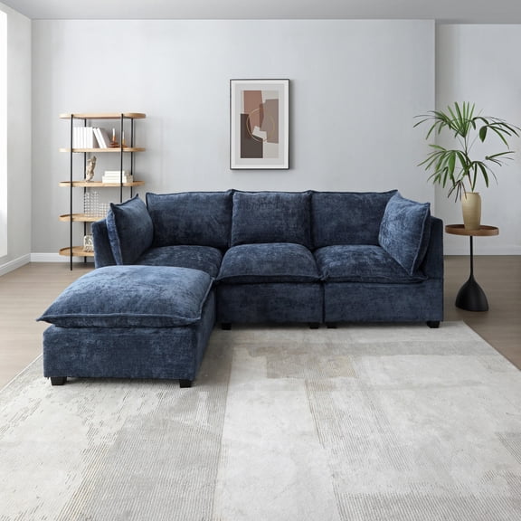 Modern Sectional Sofa, L-Shape Linen Fabric Corner Couch Set with Convertible Ottoman for Living Room, Apartment, Office (Blue)