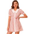 thumbnail image 1 of Unique Bargains Robe Florale pour Femmes Col Pointu Boutonnée Ceinturée Robes d'Été Rose TG, 1 of 6