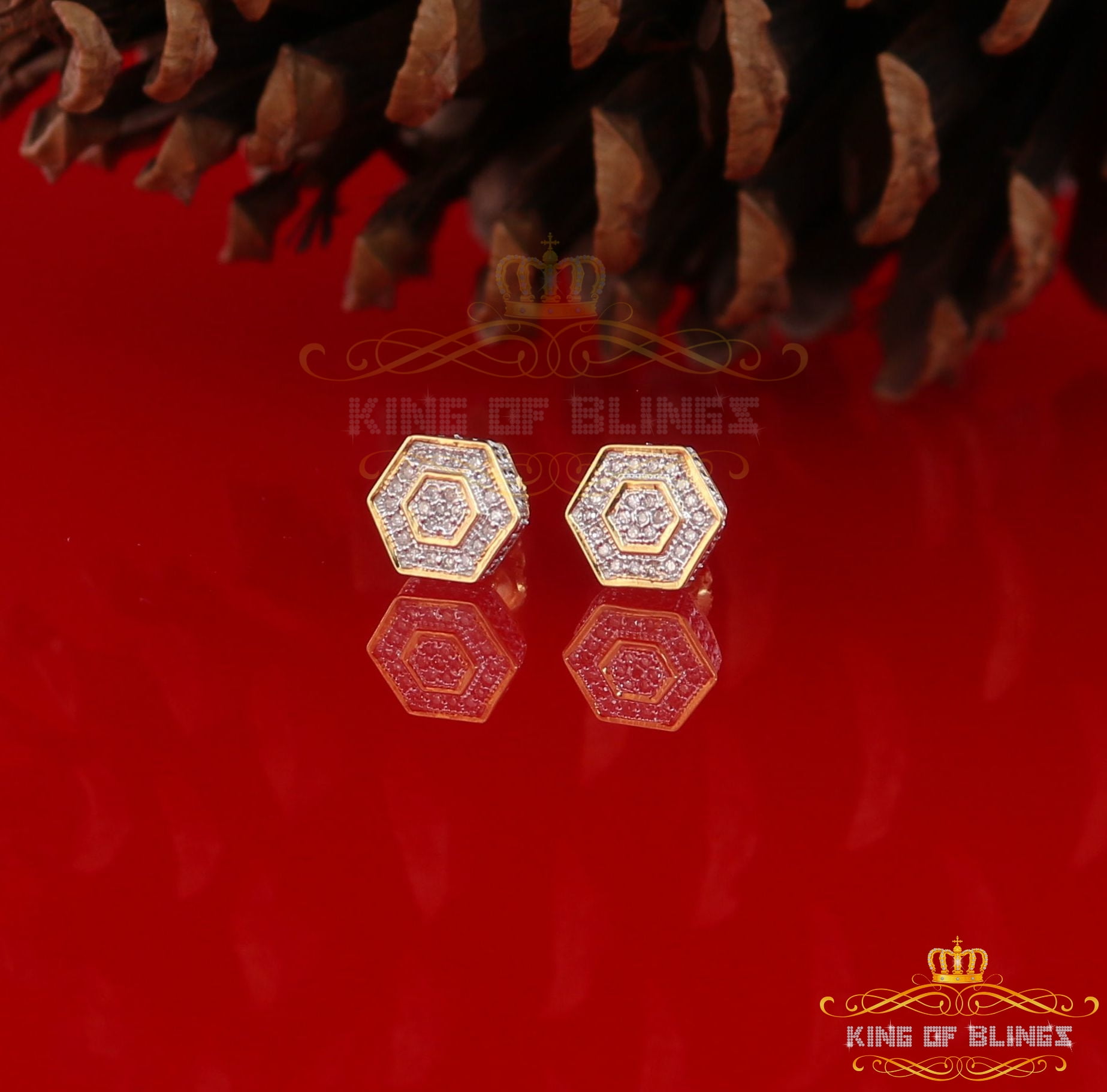 King of Bling's 10K Real Yellow Gold with 0.10CT Real Diamond Men's/Women's stud Hexagon Earring