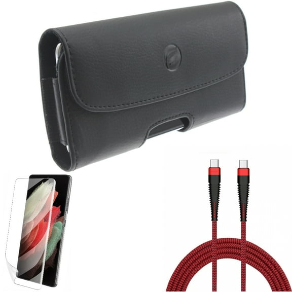 10ft PD Cable w Case Belt Clip w Matte Screen Protector for Samsung Galaxy S21 Plus - Type-C to USB-C Charger Cord, Leather Holster, TPU Film Anti-Glare Accessory Bundle