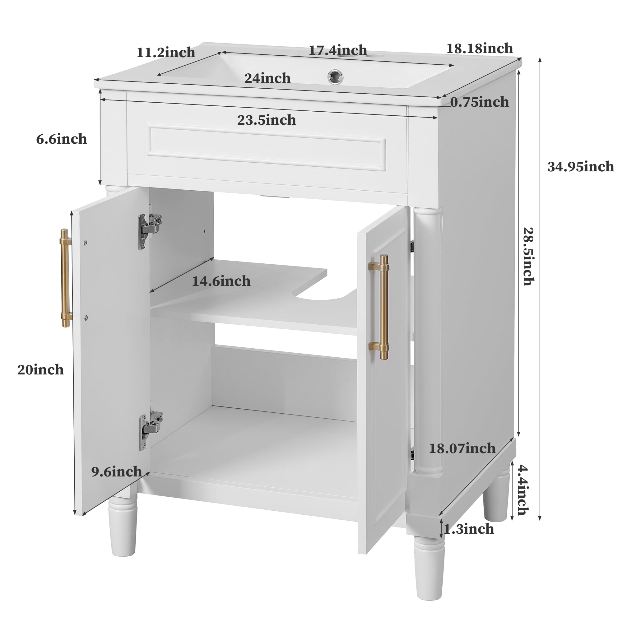 Euroco 24" Small Bathroom Vanity with Half-Moon Sink – Solid Wood Frame, Adjustable Storage Shelf, Painted Finish & Easy Assembly (Faucet Not Included)