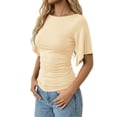 thumbnail image 2 of MOYIKO T Shirts for Women Boat Neck 3/4 Flare Sleeve Ruched Fitted Shirts, 2 of 7