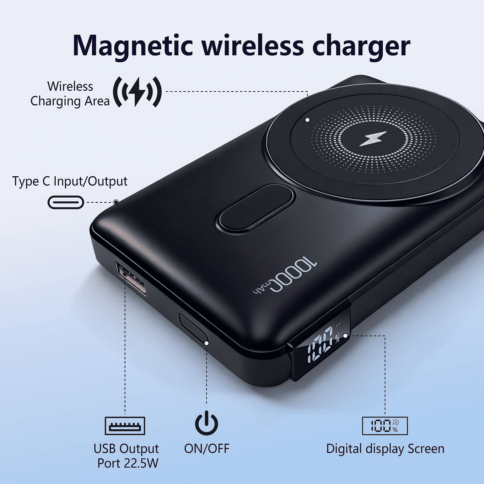 for Magsafe Portable Charger, 10000mAh Wireless Magnetic Power Bank with Built-in Stand, 22.5W PD Fast Charging for MagSafe Battery Pack Compatible with iPhone 17/16/15/14/13/12 Series