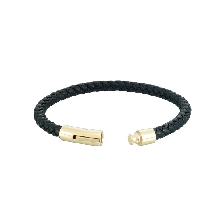 Focus for Men by Focus Men, Genuine Woven Black Leather Bracelet in  Stainless Steel with Gold Tone Ion Plating, 8.5\