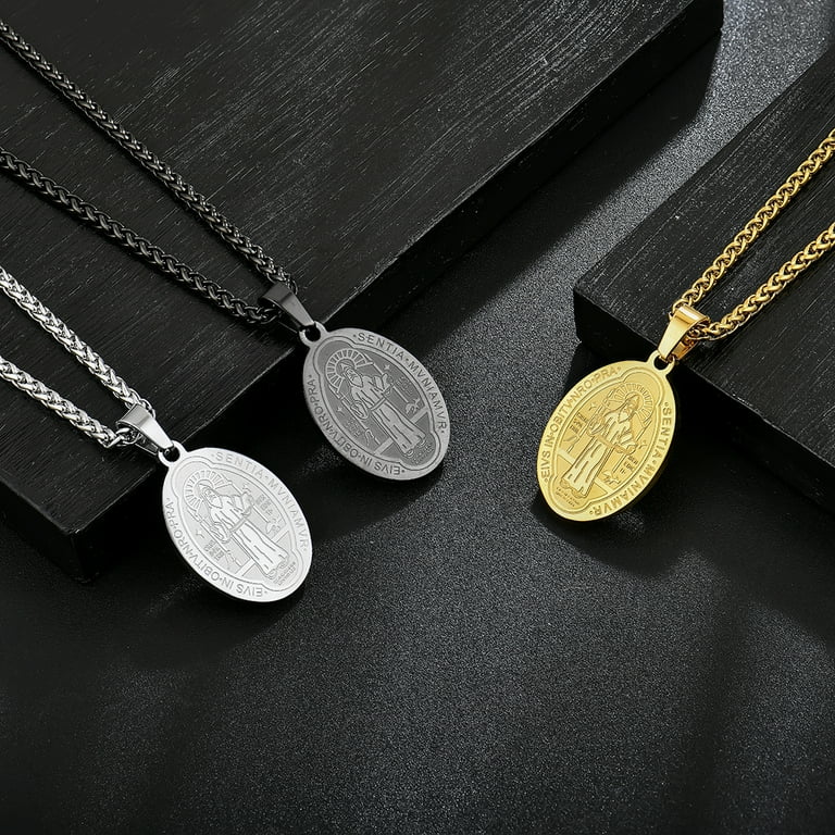 Raymard Oval Saint Benedict Medal Necklace for Men Titanium Steel