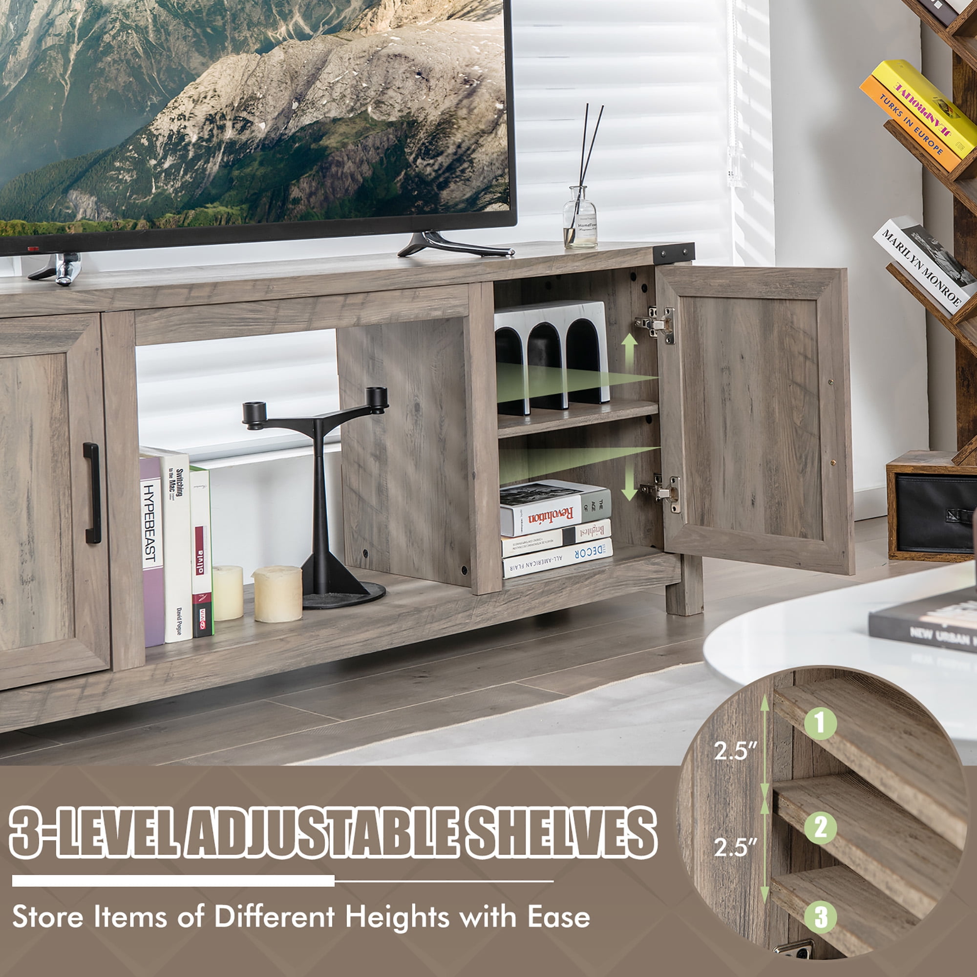 Costway 62'' Farmhouse TV Stand Entertainment Center for TVs up to 70 Inches Natural