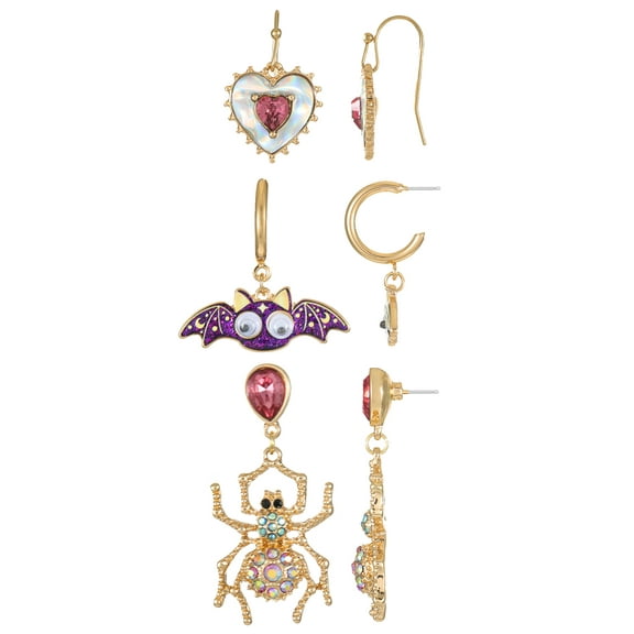 Way to Celebrate Halloween Cute Mini Hoop Earring Trio, Spider, Bat, Heart, 3 Pairs