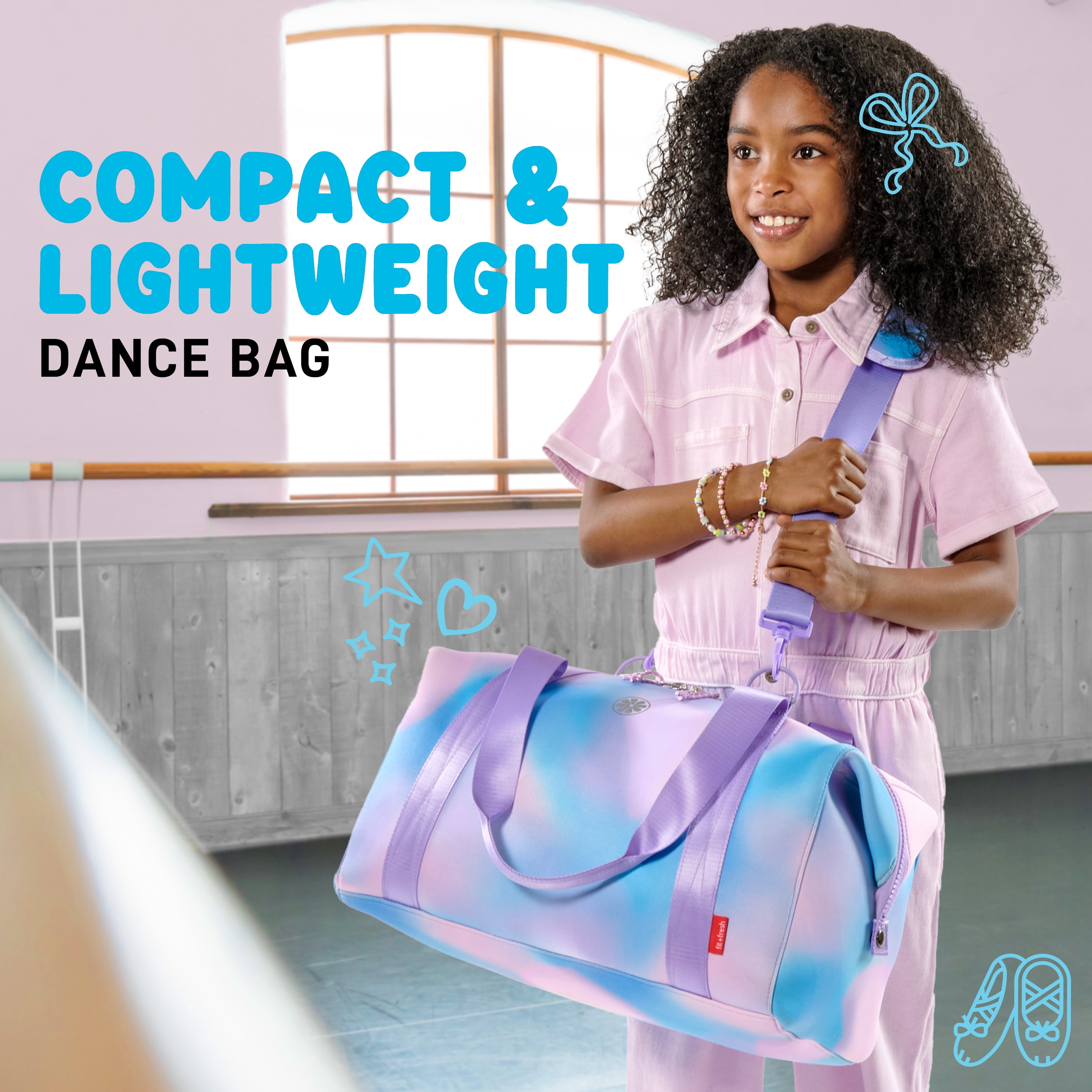 Fit + Fresh Junior Duffel Bag For Kids, Premium Neoprene Dance & Sports Bag, Weekender, Pink Purple