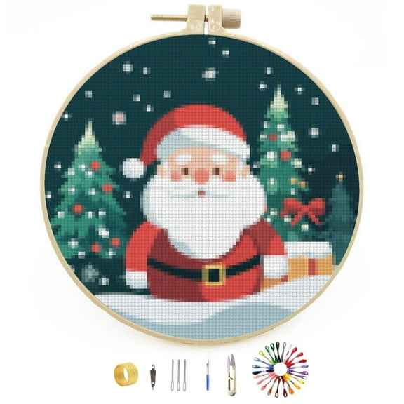 DIY Stamped Cross Stitch Kits Christmas Santa and Tree Easy for Beginners with Hoop 11CT Counted Embroidery Needlepoint Crafts Arts for Handmade Enthusiasts and Home Decor 30x30cm(1)