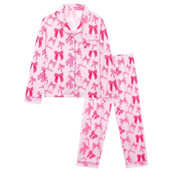 NIPAXO Girls Pajamas Set Long Sleeve Button-Down Top and Pants Silk Satin with Cute Pink Bows Print Sleepwear for Kids