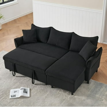 L-Shaped Modular Sectional Sofa,Corduroy Sleeper Sofa, 4-in-1 Convertible L Shaped Couch with Pull Out Bed,Storage Chaise with Throw Pillows for Living Room, Office, Apartment,Black