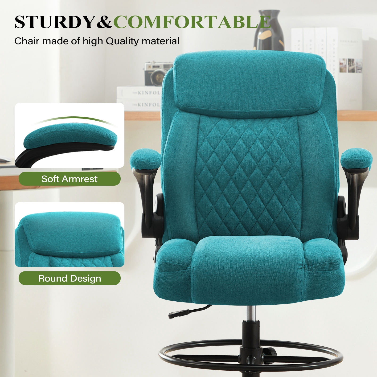 JONPONY Tall Office Chair for Standing Desk, Ergonomic High Office Chair with Adjustable Foot Ring, Flip-Up Armrests, Lumbar Support for Home office ,Blue