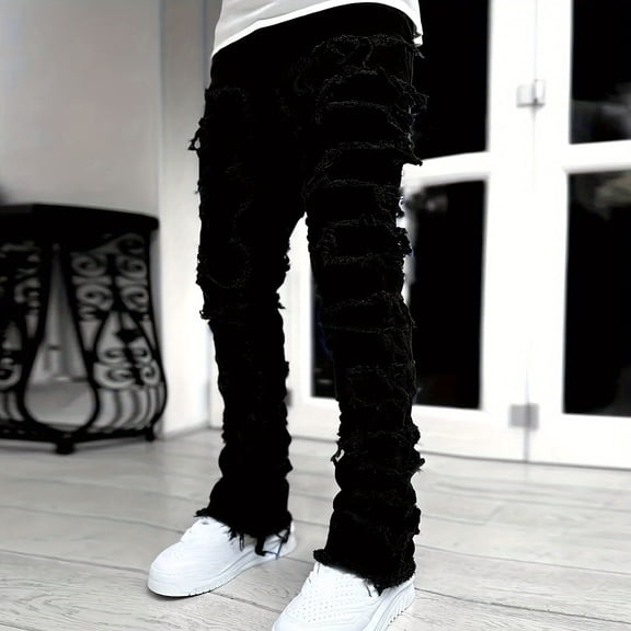 hengsof Boys Straight Leg Jeans for 6-13 Years Old Kids Solid Color Fringe Detail Stretch Denim Pants Spring Trendy Casual Wear