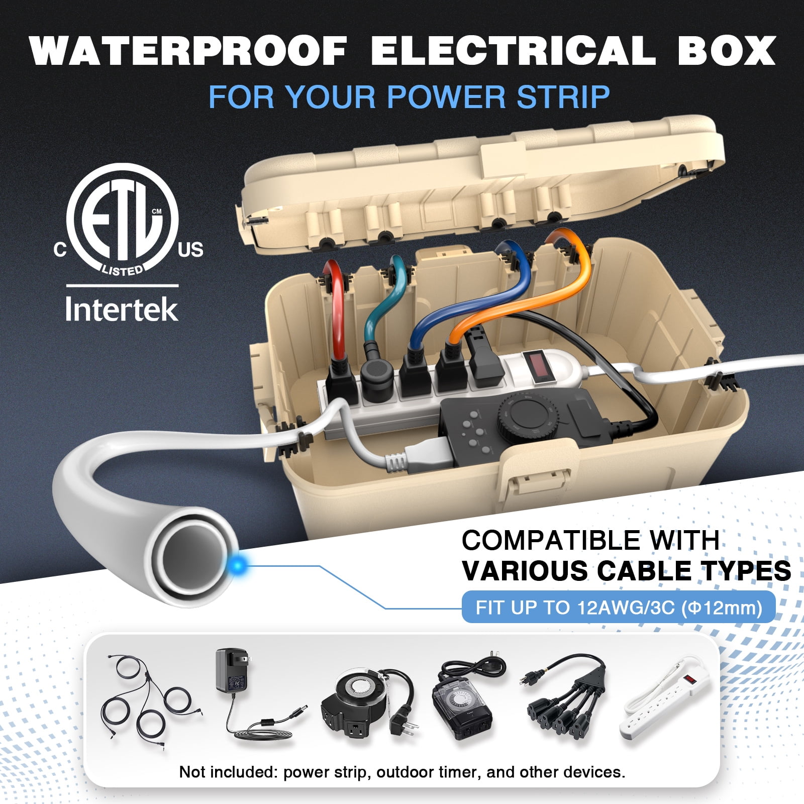 Restmo Extra Large Weatherproof Electrical Box, IP54 Waterproof Outdoor Extension Lead Cover, Protect Outlet, Plug, Socket, Timer, Power Strip, Holiday Light Decoration, Almond