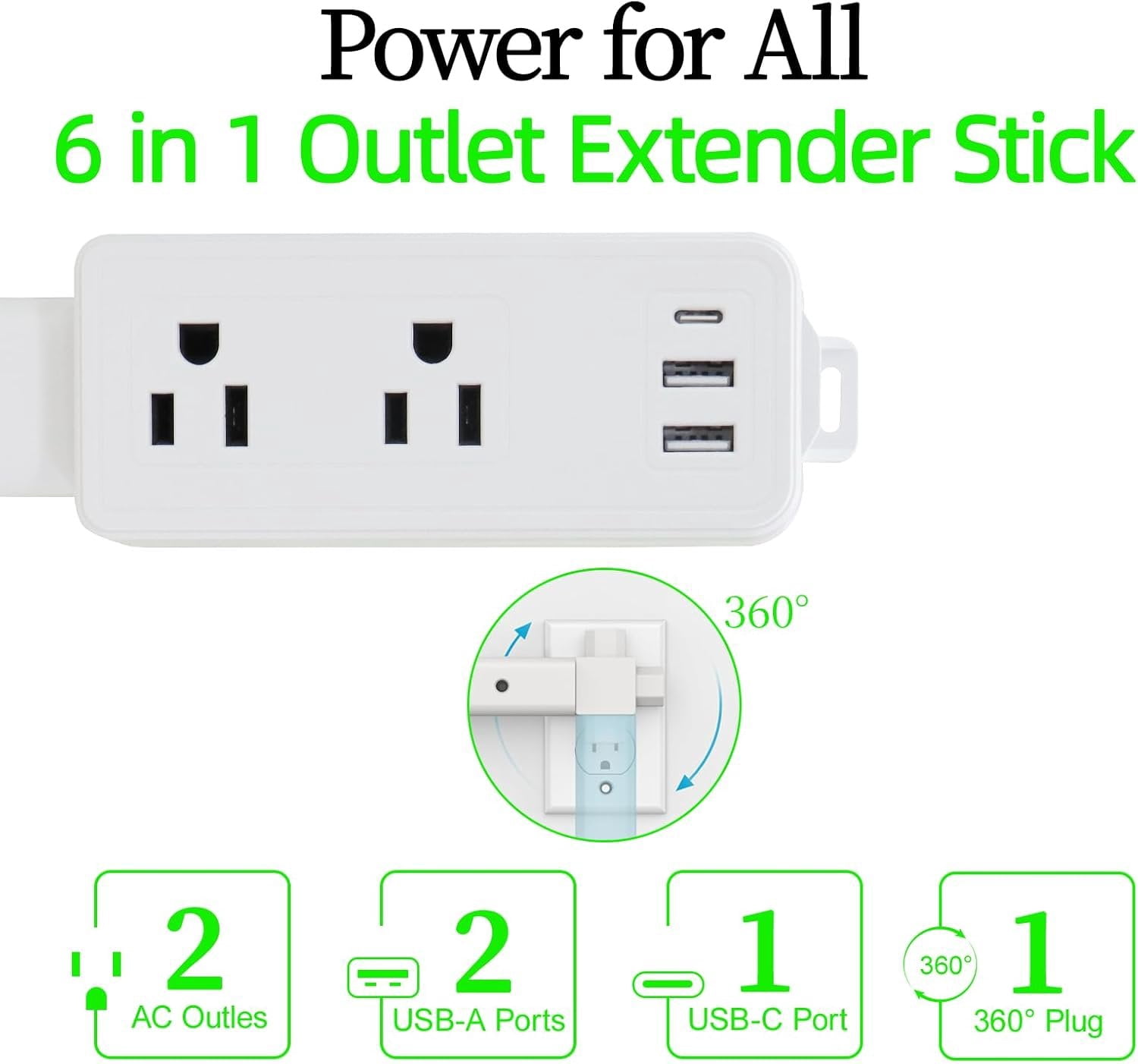 Outlet Extender Stick 9"-45" Adjustable, Wall Power Extension Electrical with USB-C, 2 USB-A & 2 AC Outlets, 360? Rotating Plug Extender for Behind Bed, Nightstand, Couch