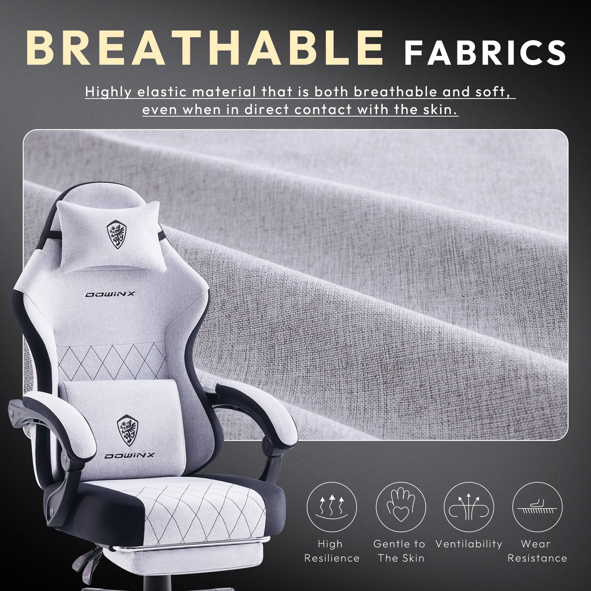 Dowinx Fabric Gaming Chair with Massage Lumbar Support, High Back Ergonomic Computer Chair with Footrest for Adult, Grey