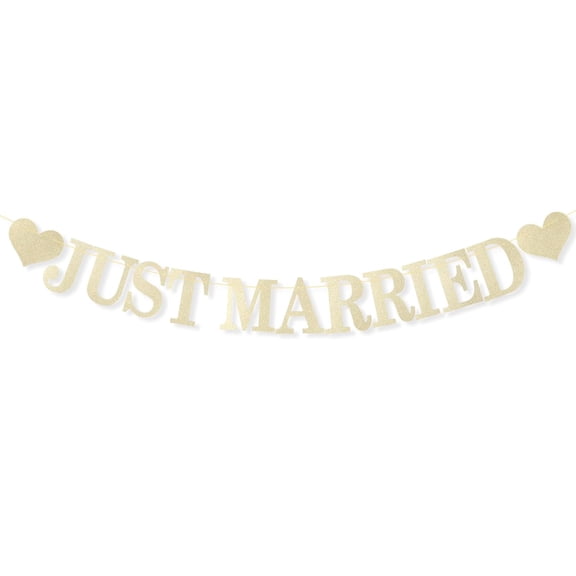 Just Married Banner, Pre-Strung Garland with Glitter Letters and Hearts Champagne Gold Glitter Wedding Banner Sign for Wedding Bridal Shower Bachelor Party Decoration Favor