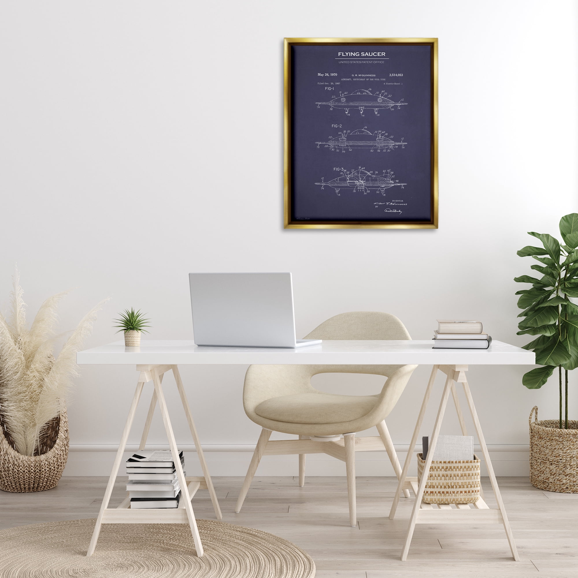 Stupell Industries Flying Saucer Blueprint Transportation Painting Gold Floater Framed Art Print Wall Art, 25 x 31