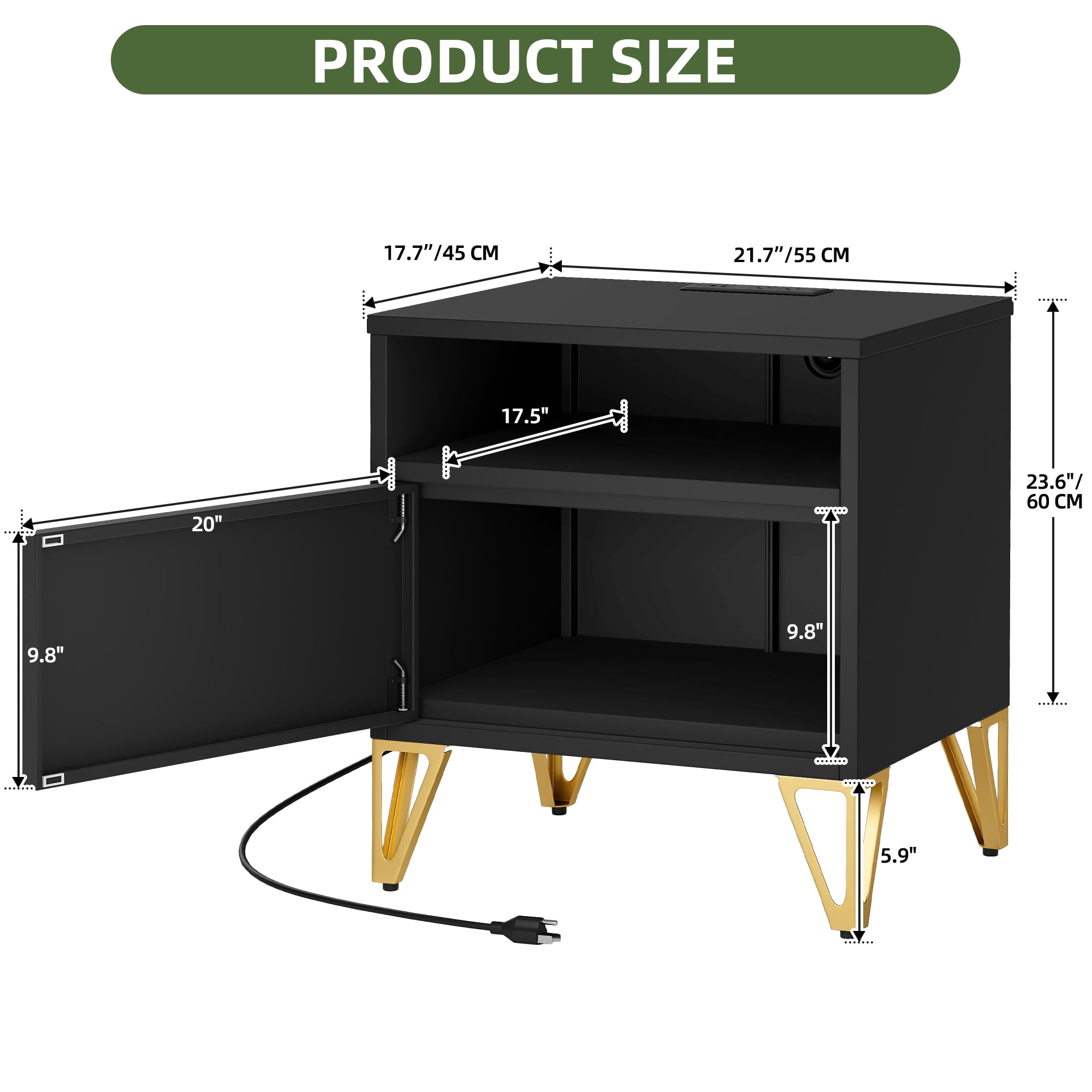 Uforic Metal End Table with Charging Station & Door for Living Room, Black