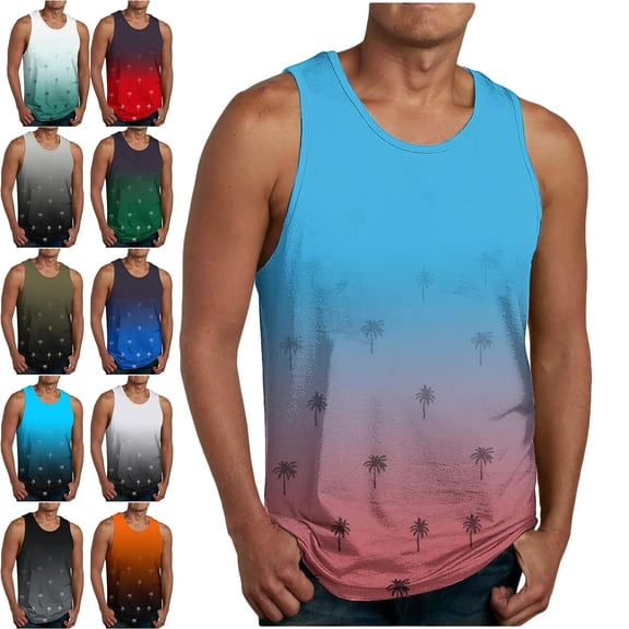 Zysthvn Cotton Mens Sleeveless Shirts Summer Gradient Swimming Casual Mens T Shirts Crew Neck Comfortable Loose Fit