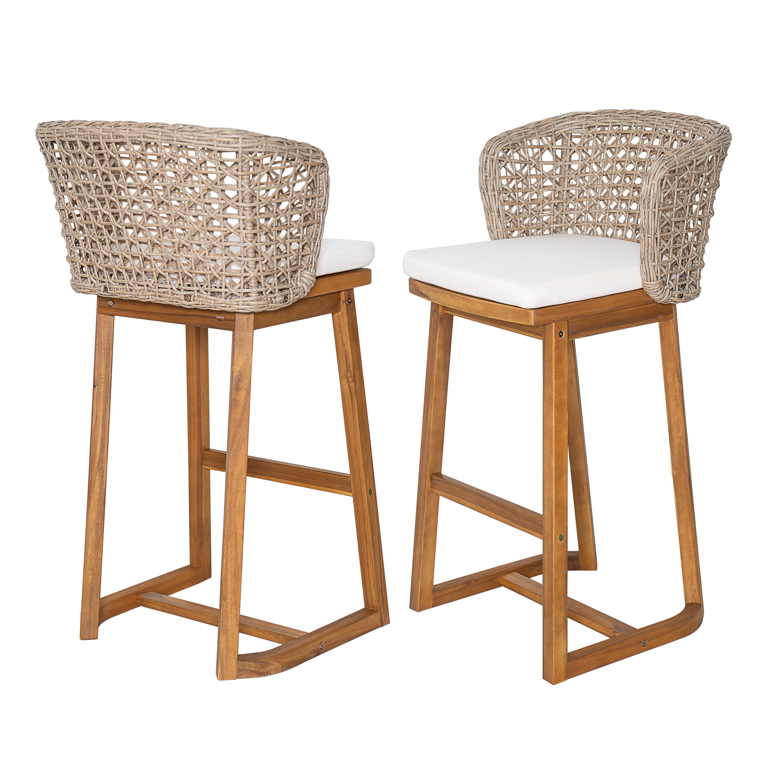 Bar Stools Set of 2, Outdoor Acacia Wood Teak Finish Bar Height Chairs with Beige Cushion, Teak
