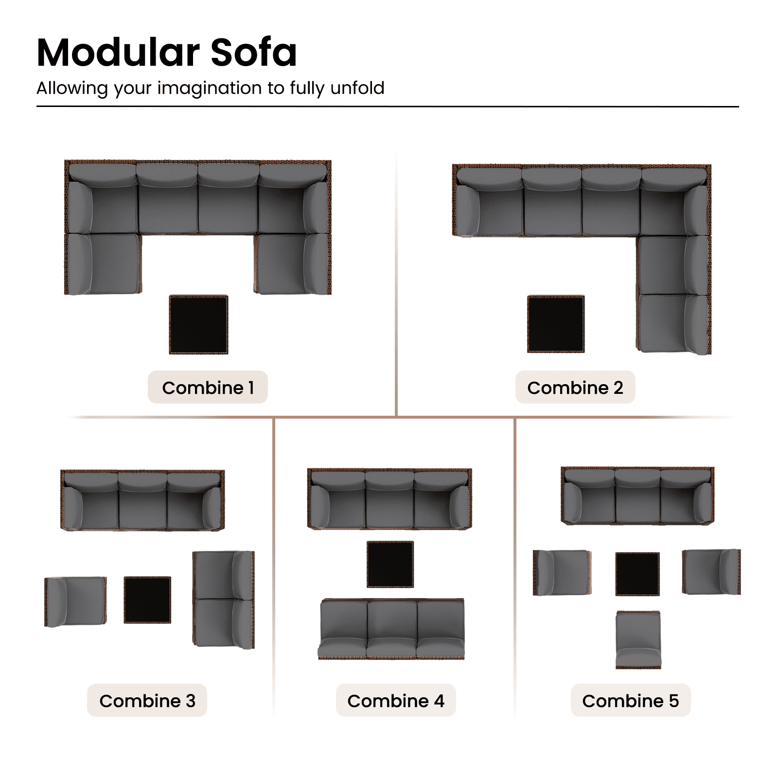 MRUAKA 7 Pieces Patio Furniture Set, Outdoor Furniture Sectional Rattan Sofa with Slanted Back, Patio Couch with Glass Coffee Table for Backyard Garden Dark Grey