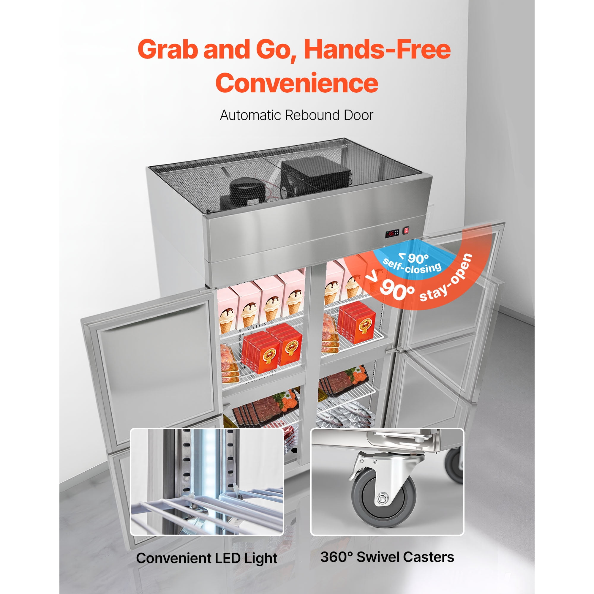 KFFKFF Commercial Upright Freezer, 47.64 in Wide Four-Door Design, 31.4 Cu.ft Capacity with Auto-Defrost, Stainless Steel Build, 6 Adjustable Shelves, -11 to 14℉ Temperature Range, LED Lighting