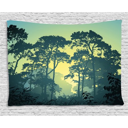 Nature Decor Tapestry Mist Forest Scenery With Tree Tops At