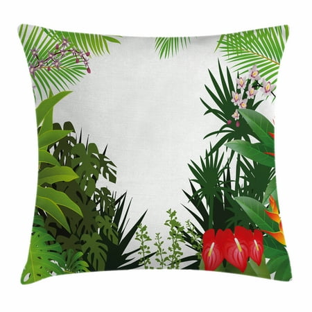 Anthurium Leaf - Leaf Throw Pillow Cushion Cover, Hibiscus Plumeria Crepe Gingers Anthurium Leaves Blossoms Image, Decorative Square Accent Pillow Case, 18 X 18 Inches, Hot Pink White Red and Green, by Ambesonne