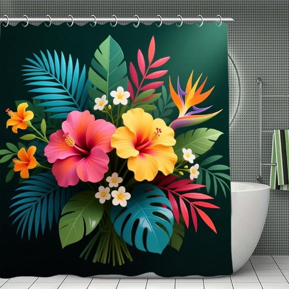 Hibiscus Plumeria Flower Print Shower Curtain,Modern Fabric Waterproof Shower Curtain Set with Hooks 70.8×70.8Inch (180×180cm)