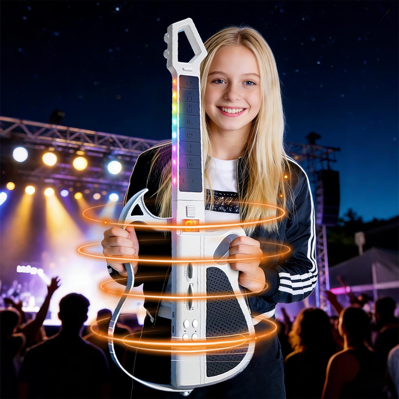 Eespoir Smart Bluetooth Electronic Guitar For Kids, No Strings Foldable Guitar Toy, Auto-Play One-Man Band Mode For Beginners, Portable Music Gift, Educational(White)