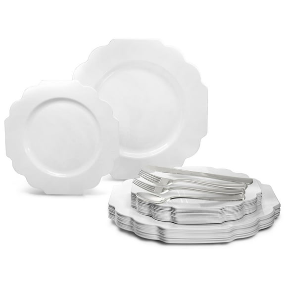 " OCCASIONS " 150 Piece set (25 Guests)-Wedding Plastic Plates & cutlery -Disposable heavyweight Dinnerware 10.5'', 8''   Silverware w/double fork (Imperial in White)