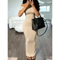 thumbnail image 4 of Womens Beige Off Shoulder Fitted Ruched Short Sleeve Maxi Dress, 4 of 5